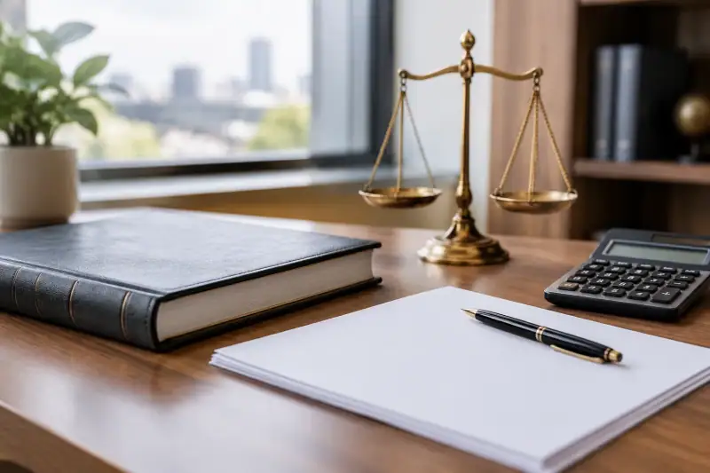 İşletme kayıtları, sözleşme belgeleri, hesap makinesi ve terazi bulunan modern bir ofis masası