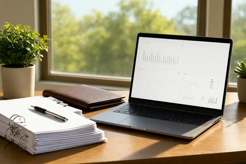 Ofis masasında şirket kayıt dosyası, boş resmi formlar, kapalı bir defter ve yazısız bir veri tabanı ekranı