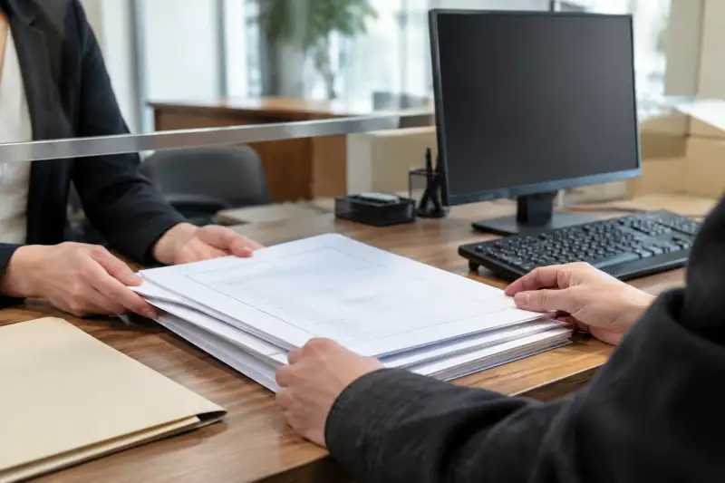 Ticaret sicili başvuru belgelerinin bir bankoda gözden geçirilmesi
