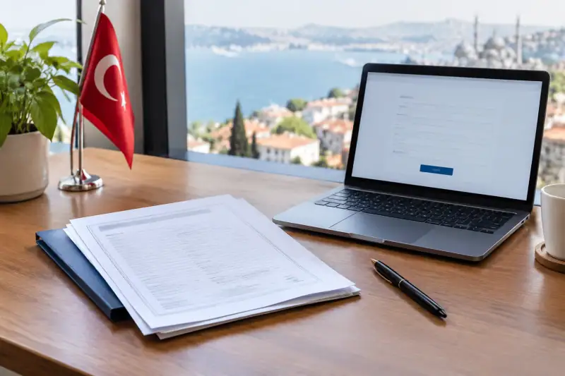 Türkiye’de şirket kuruluşu belgeleri, kalem ve kayıt formu açık bir dizüstü bilgisayar